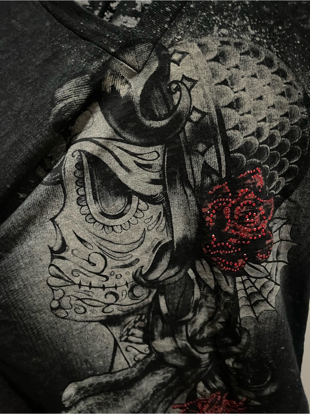 Black Burnout Sugar Skull Graphic V-Neck Tee Rhinestone Tattoo Style